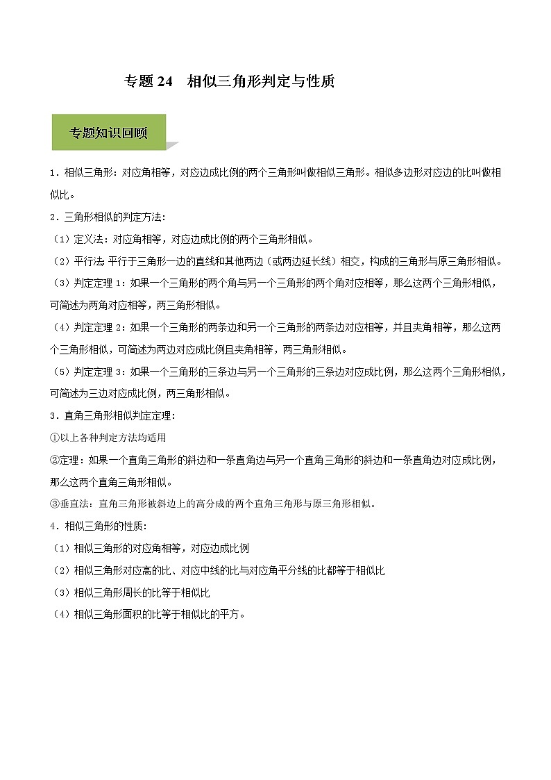 初中数学中考复习 专题24  相似三角形判定与性质（解析版）第1页