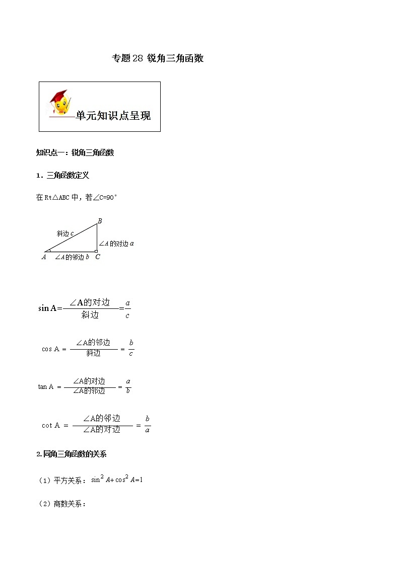 初中数学中考复习 专题28  锐角三角函数（解析版）01