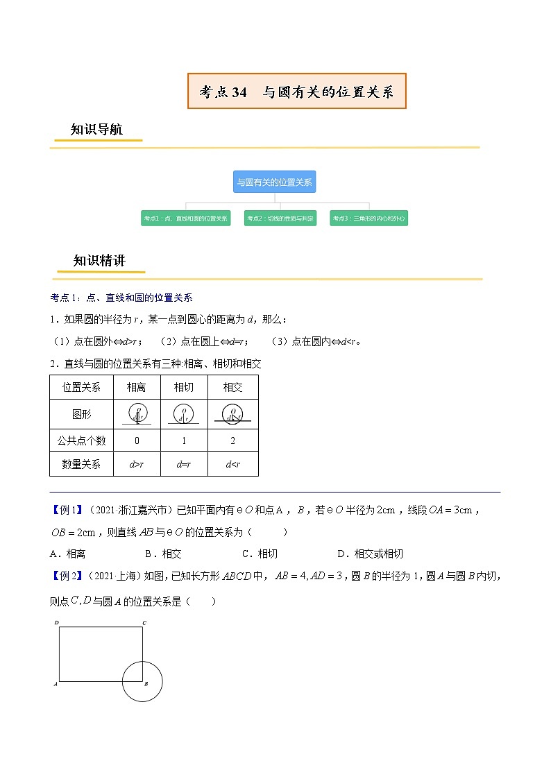 初中数学中考复习 专题34  与圆有关的位置关系【考点精讲】-【中考高分导航】备战2022年中考数学考点总复习（全国通用）（原卷版）第1页