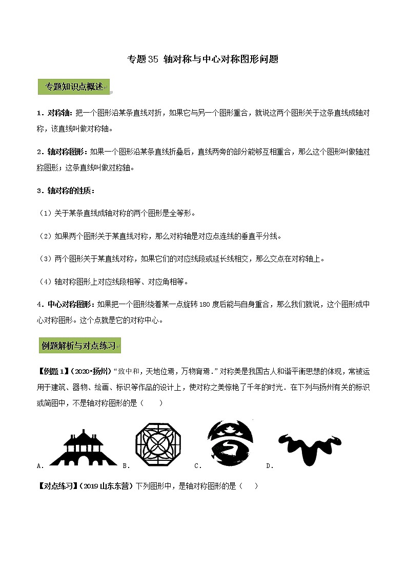 初中数学中考复习 专题35 轴对称与中心对称图形问题（原卷版）第1页