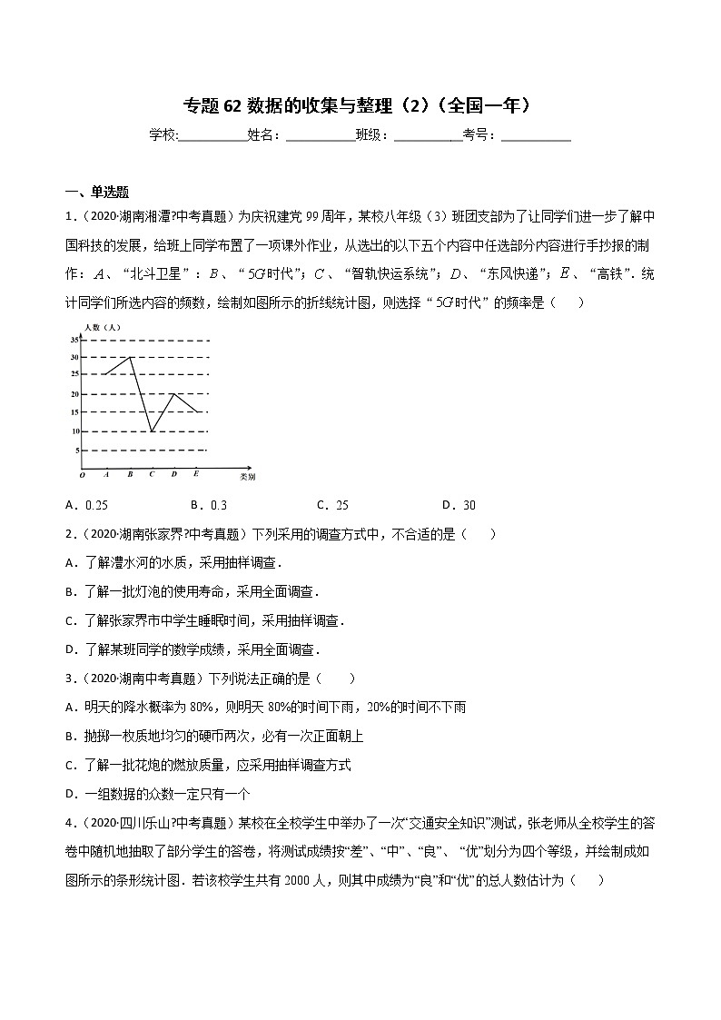 初中数学中考复习 专题62数据的收集与整理（2）-2020年全国中考数学真题分项汇编（第02期，全国通用）（原卷版）第1页