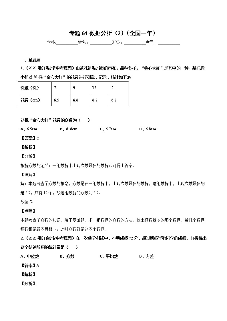 初中数学中考复习 专题64数据分析（2）-2020年全国中考数学真题分项汇编（第02期，全国通用）（解析版）第1页