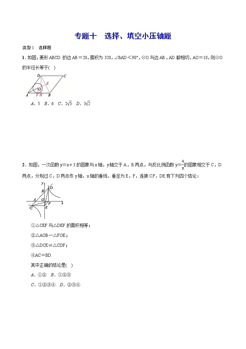 初中数学中考复习 专题十 选择、填空小压轴题(原卷版)01