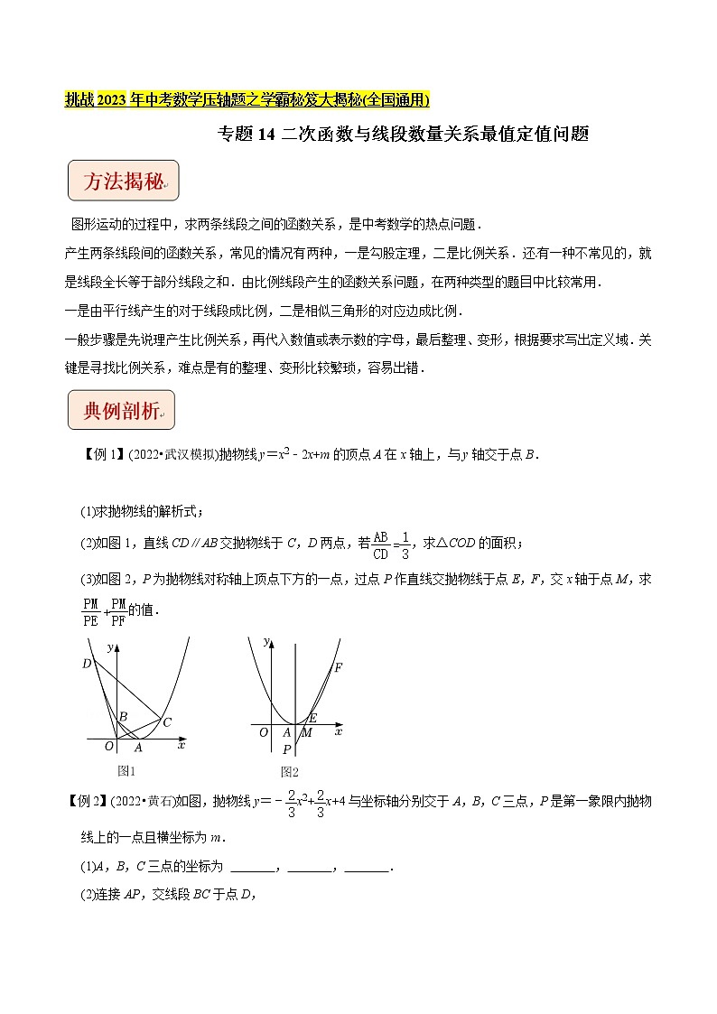 专题14二次函数与线段数量关系最值定值问题-挑战2023年中考数学压轴题之学霸秘笈大揭秘（学生版）第1页