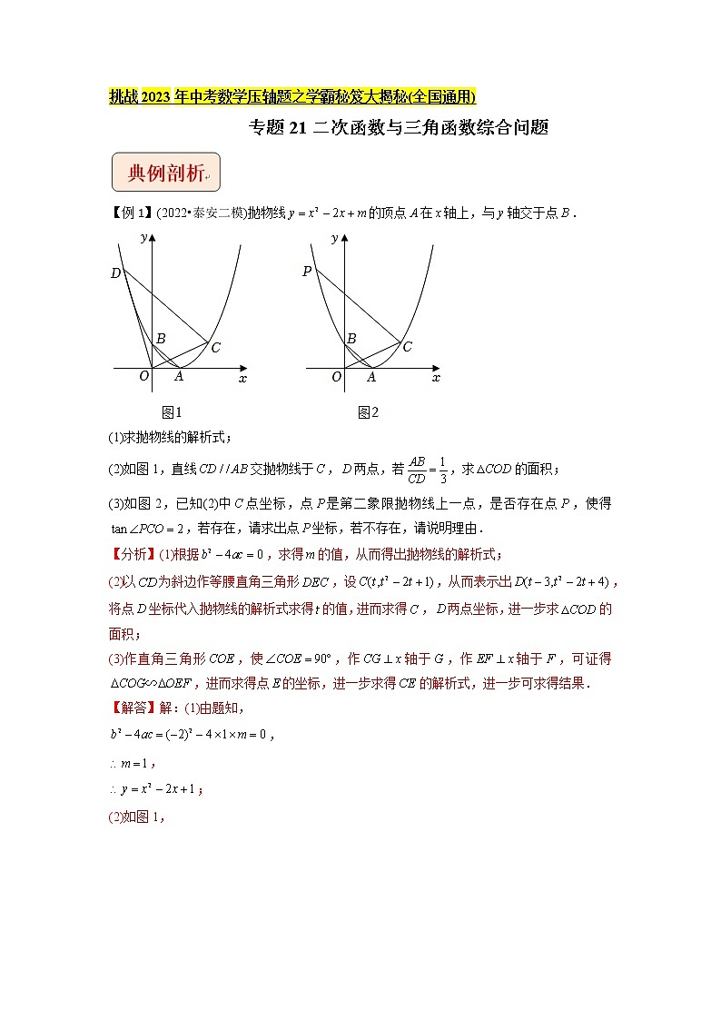 专题21二次函数与三角函数综合问题-挑战2023年中考数学压轴题之学霸秘笈大揭秘（教师版含解析）第1页