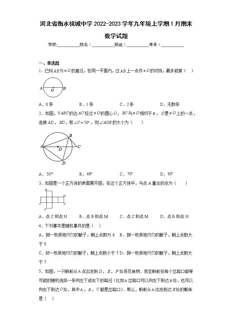 河北省衡水桃城中学2022-2023学年九年级上学期1月期末数学试题01
