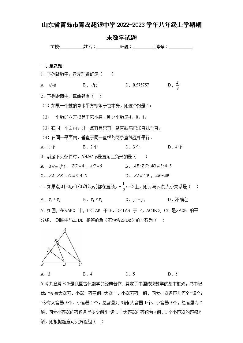 山东省青岛市青岛超银中学2022-2023学年八年级上学期期末数学试题01
