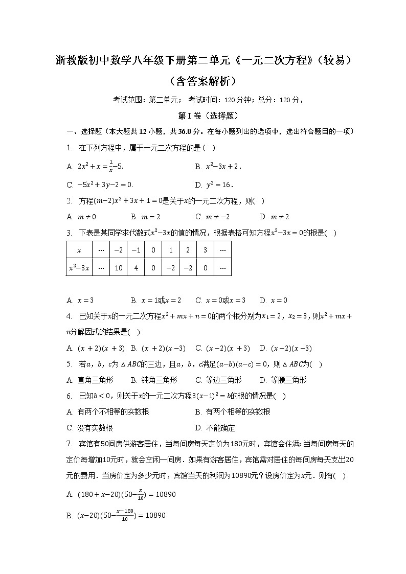 浙教版初中数学八年级下册第二单元《一元二次方程》（较易）（含答案解析）第1页
