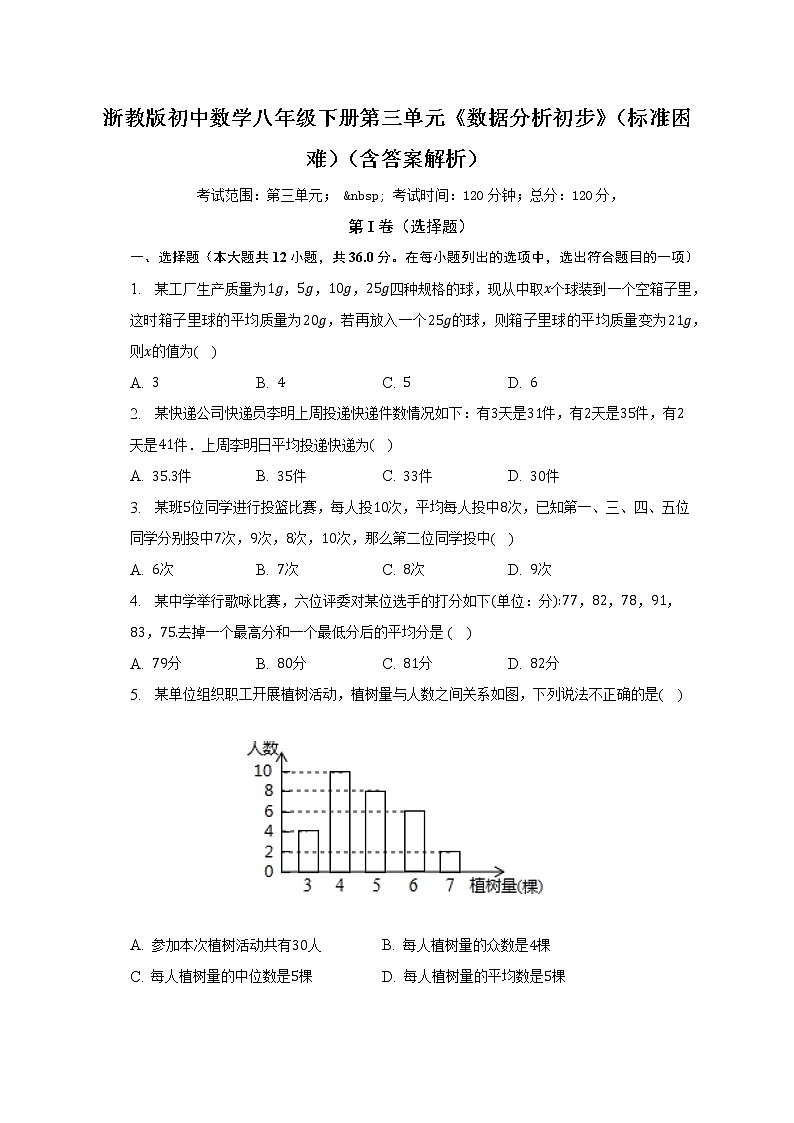 浙教版初中数学八年级下册第三单元《数据分析初步》（标准困难）（含答案解析） 试卷01