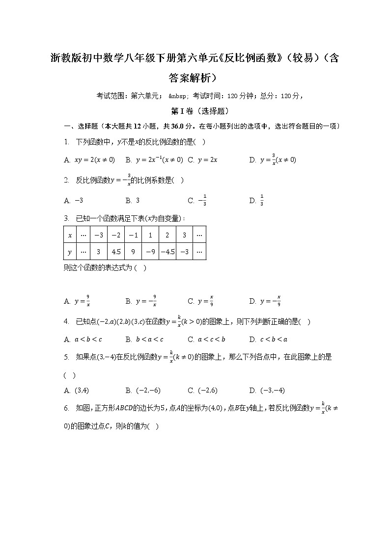 浙教版初中数学八年级下册第六单元《反比例函数》（较易）（含答案解析） 试卷01