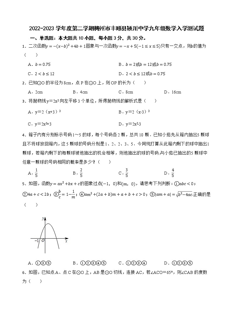 广东省梅州市丰顺县颍川中学2022-2023学年九年级下学期开学考试数学试题第1页