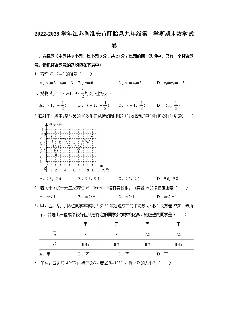 江苏省淮安市盱眙县2022—2023学年上学期九年级期末数学试卷(含答案)第1页
