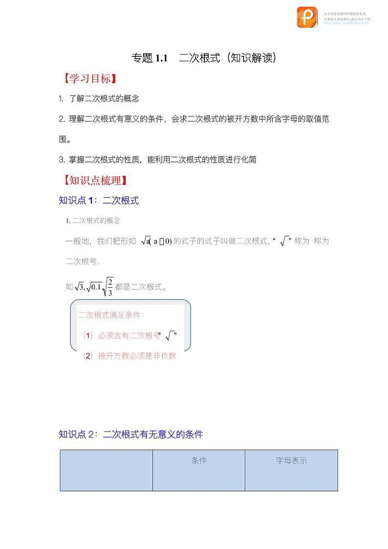 专题1.1  二次根式（知识解读）-2022-2023学年八年级数学下册《同步考点解读•专题训练》（浙教版）01