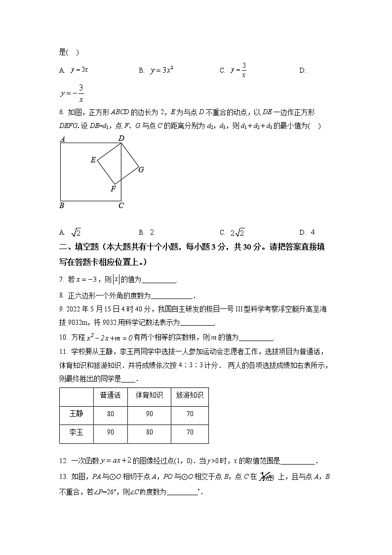 2022年江苏省泰州市中考数学真题（空白卷）02