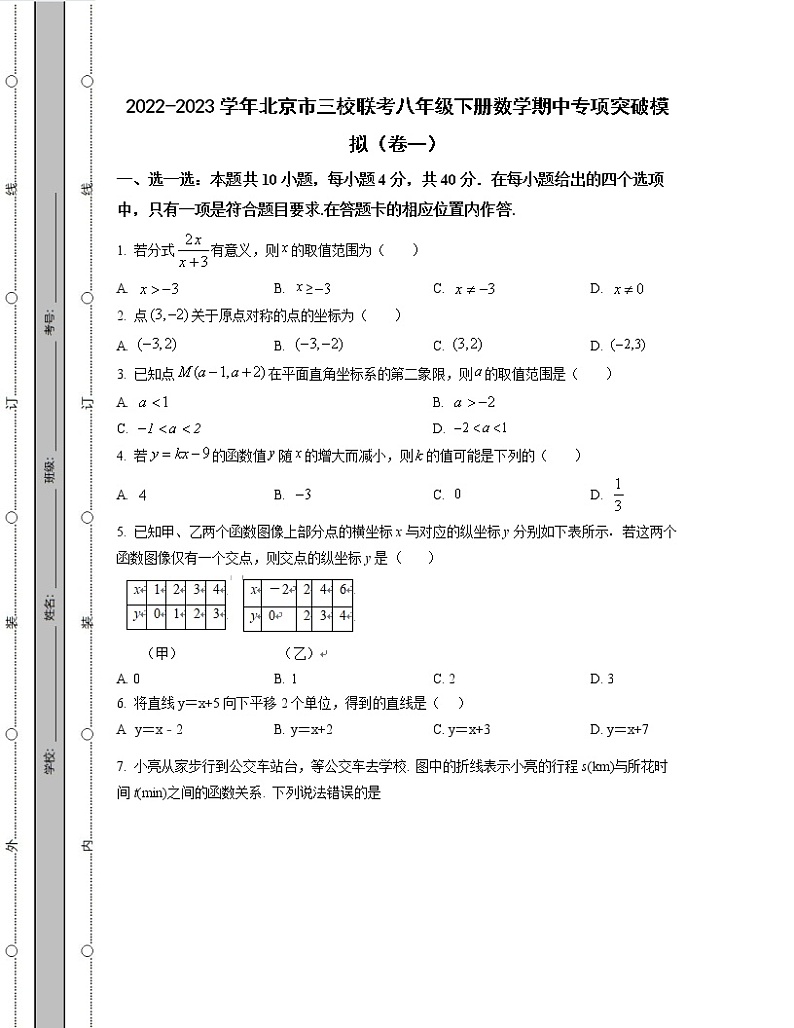 2022-2023学年北京市三校联考八年级下册数学期中专项突破模拟（卷一卷二）含解析01
