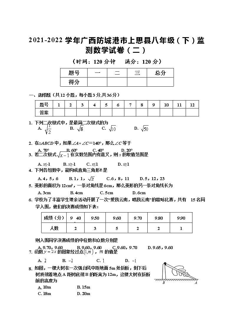 2021-2022学年广西防城港市上思县八年级（下）监测数学试卷（二）(解析版)第1页