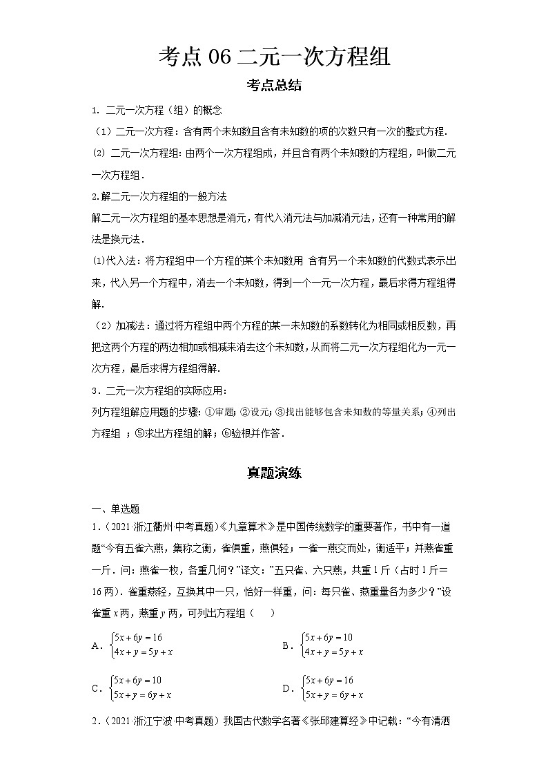  2022-2023 数学浙教版新中考精讲精练 考点06二元一次方程组（原卷版）第1页