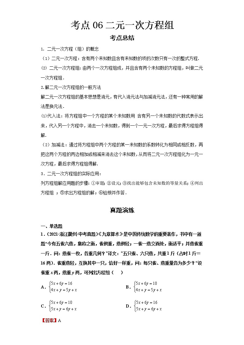  2022-2023 数学浙教版新中考精讲精练 考点06二元一次方程组（解析版）第1页