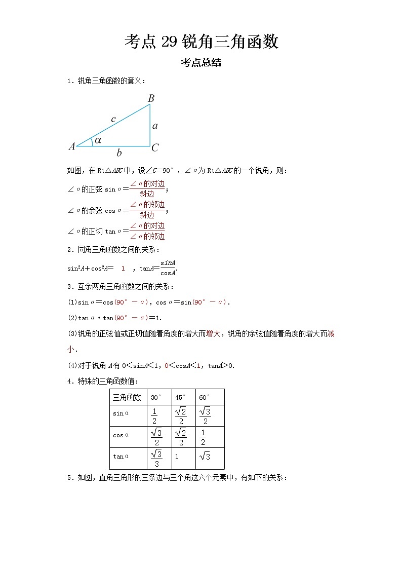 2022-2023 数学浙教版新中考精讲精练 考点29锐角三角函数01