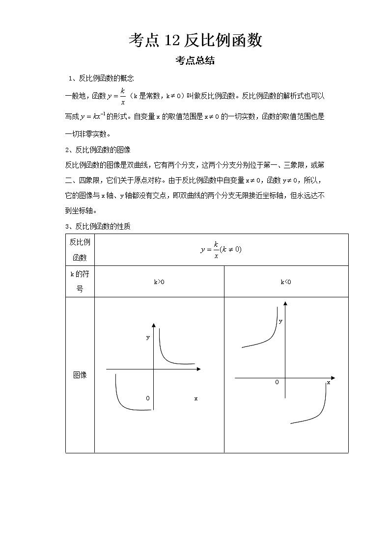 2022-2023 数学浙教版中考考点经典导学 考点12反比例函数（原卷版）第1页