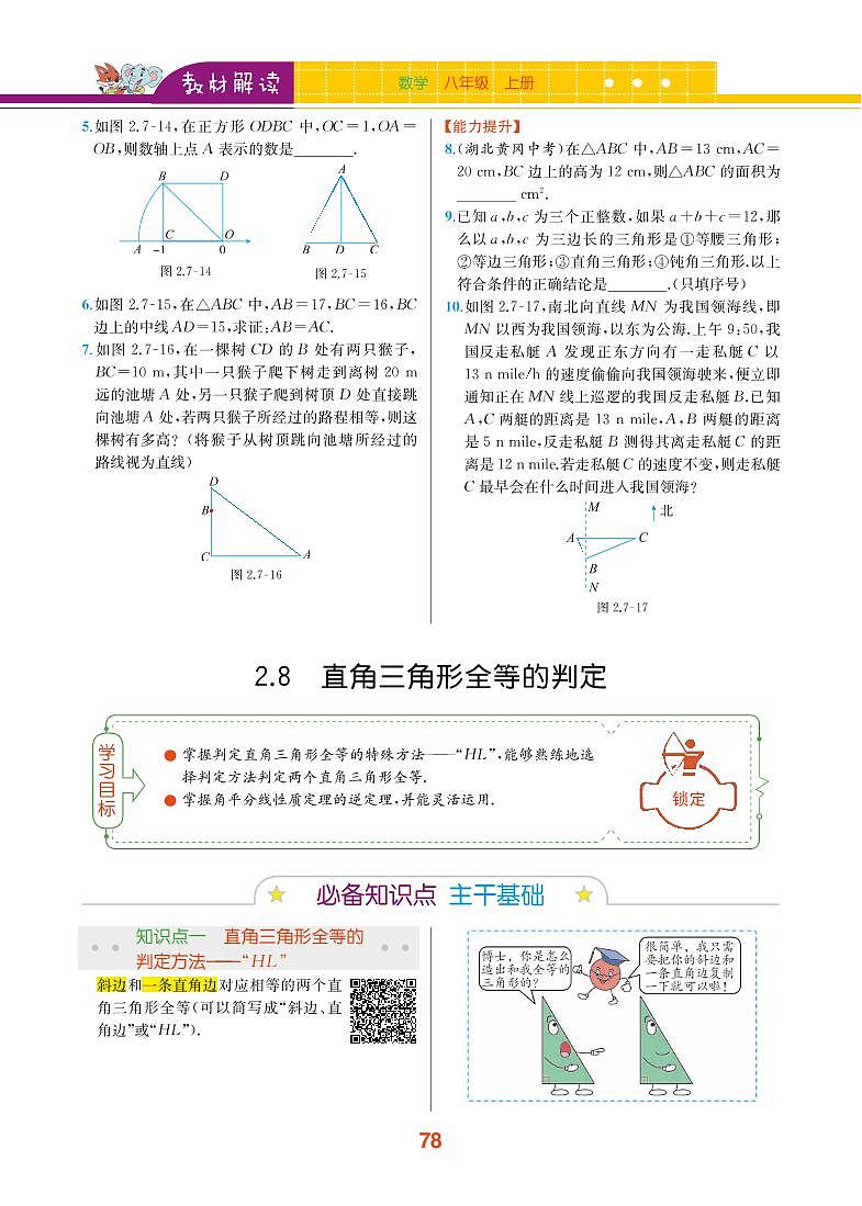 【教材解读】浙教版数学八年级上册 第2章 特殊三角形 2.8 直角三角形全等的判定 试卷01
