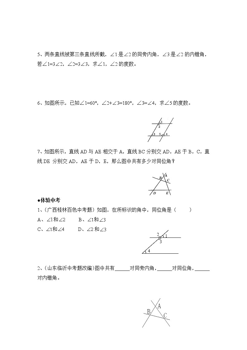 华师大版初中数学七年级上册基础同步习题  5.1.3同位角、内错角、同旁内角第3页