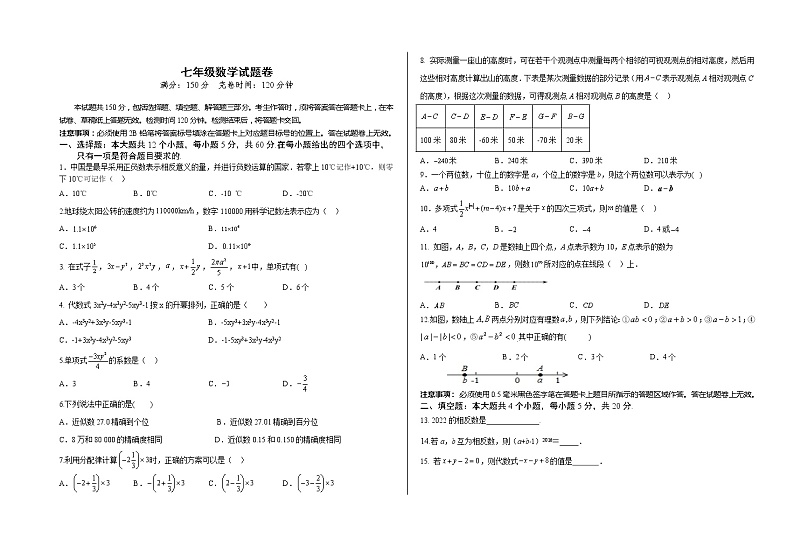 四川省攀枝花市西区2022-2023学年七年级上学期期中练习数学试卷(含答案)第1页