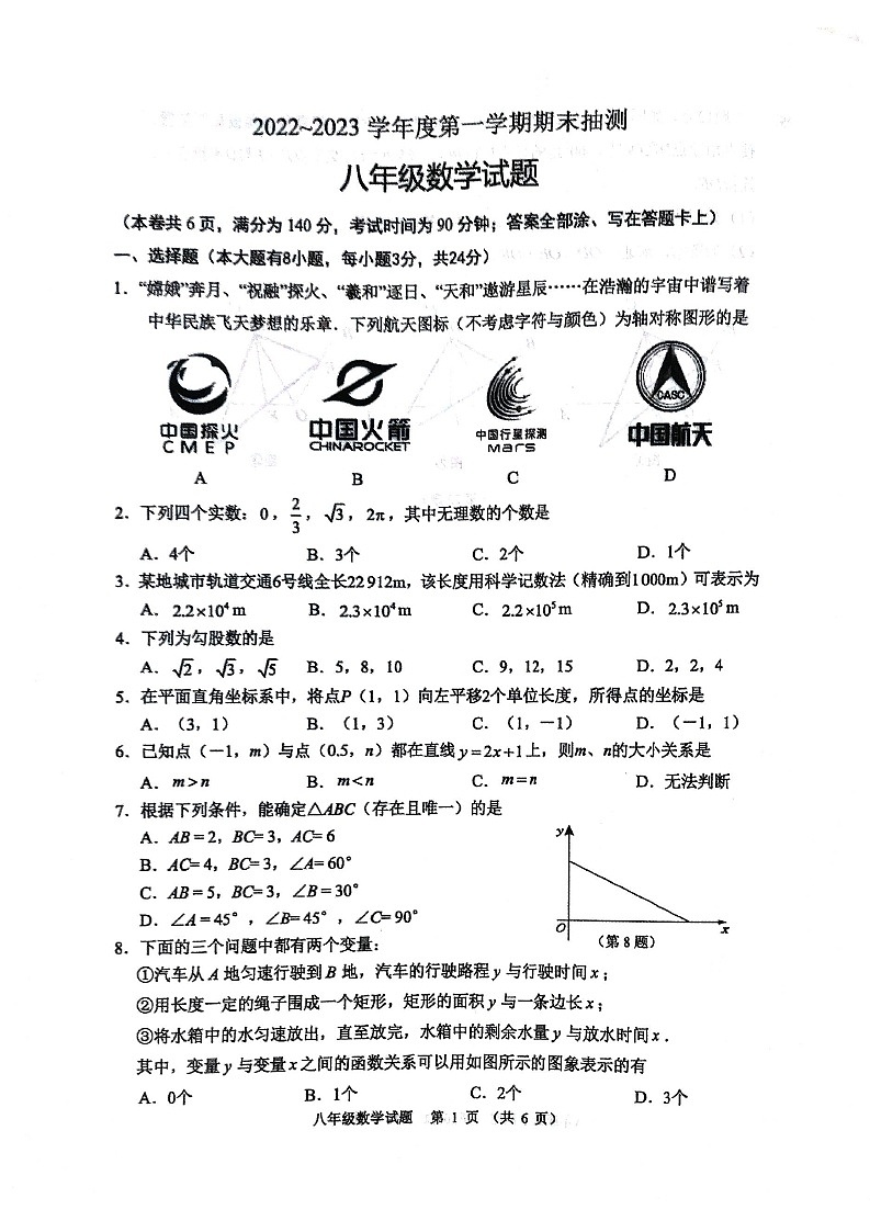 江苏省徐州市2022-2023学年八年级上学期期末抽测+数学试题第1页