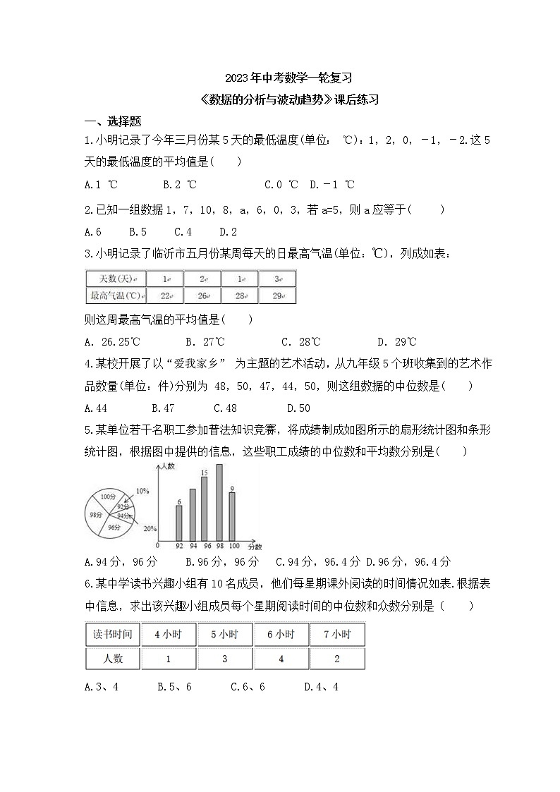 2023年中考数学一轮复习《数据的分析与波动趋势》课后练习（含答案）第1页