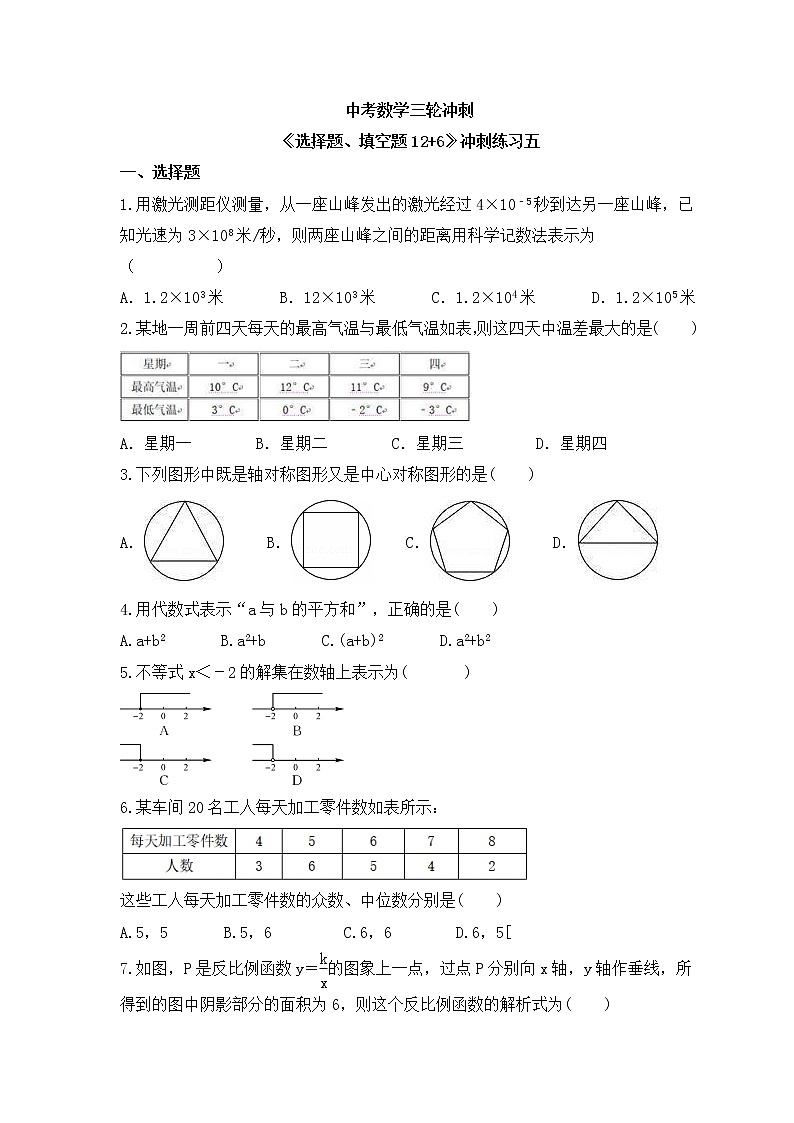 中考数学三轮冲刺《选择题、填空题12+6》冲刺练习五（含答案）第1页