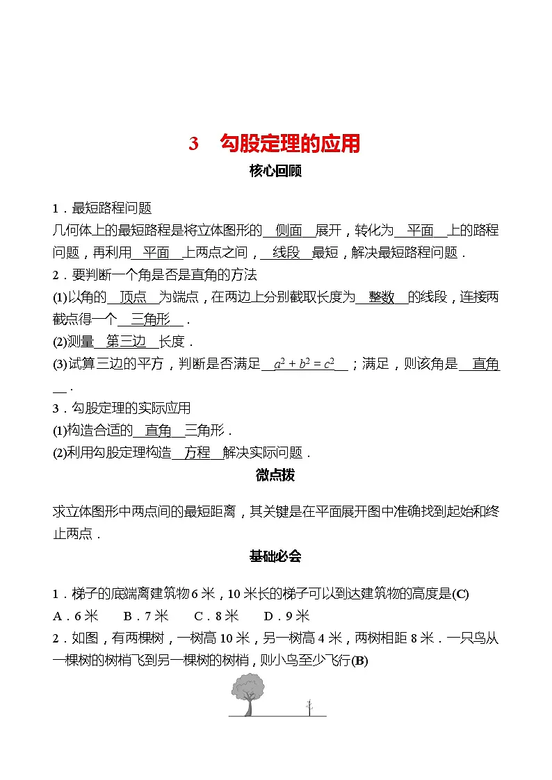第一章 3勾股定理的应用 同步练习（教师版）2022-2023 北师大数学 八年级上册第1页