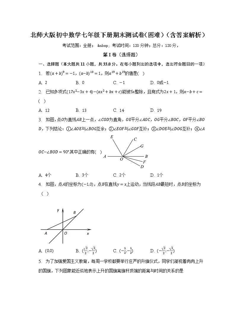 北师大版初中数学七年级下册期末测试卷（困难）（含答案解析）第1页