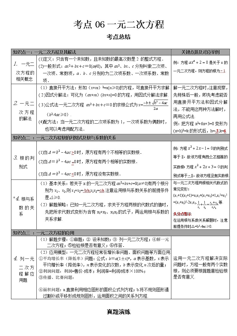  2022-2023 数学华师大版中考考点经典导学 考点06一元二次方程（原卷版）第1页