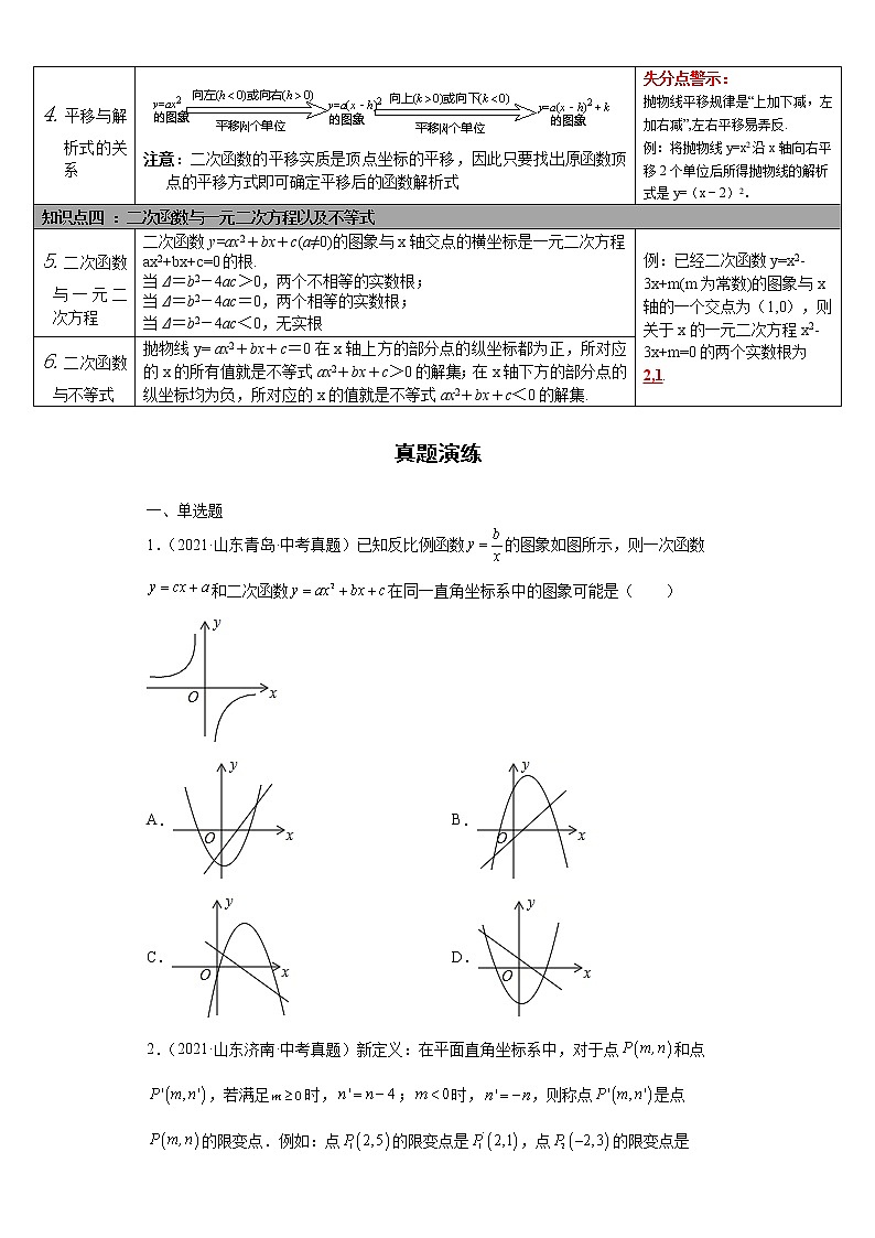  2022-2023 数学华师大版中考考点经典导学 考点12二次函数的图象与性质（原卷版）第2页