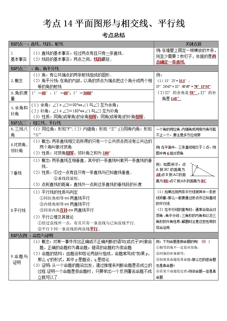  2022-2023 数学华师大版中考考点经典导学 考点14平面图形与相交线、平行线（原卷版）第1页