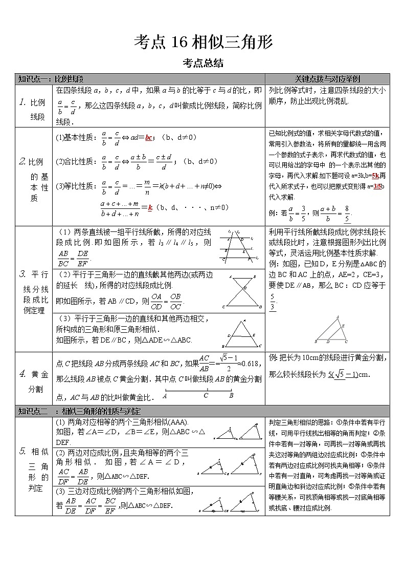  2022-2023 数学华师大版中考考点经典导学 考点16相似三角形（原卷版）第1页