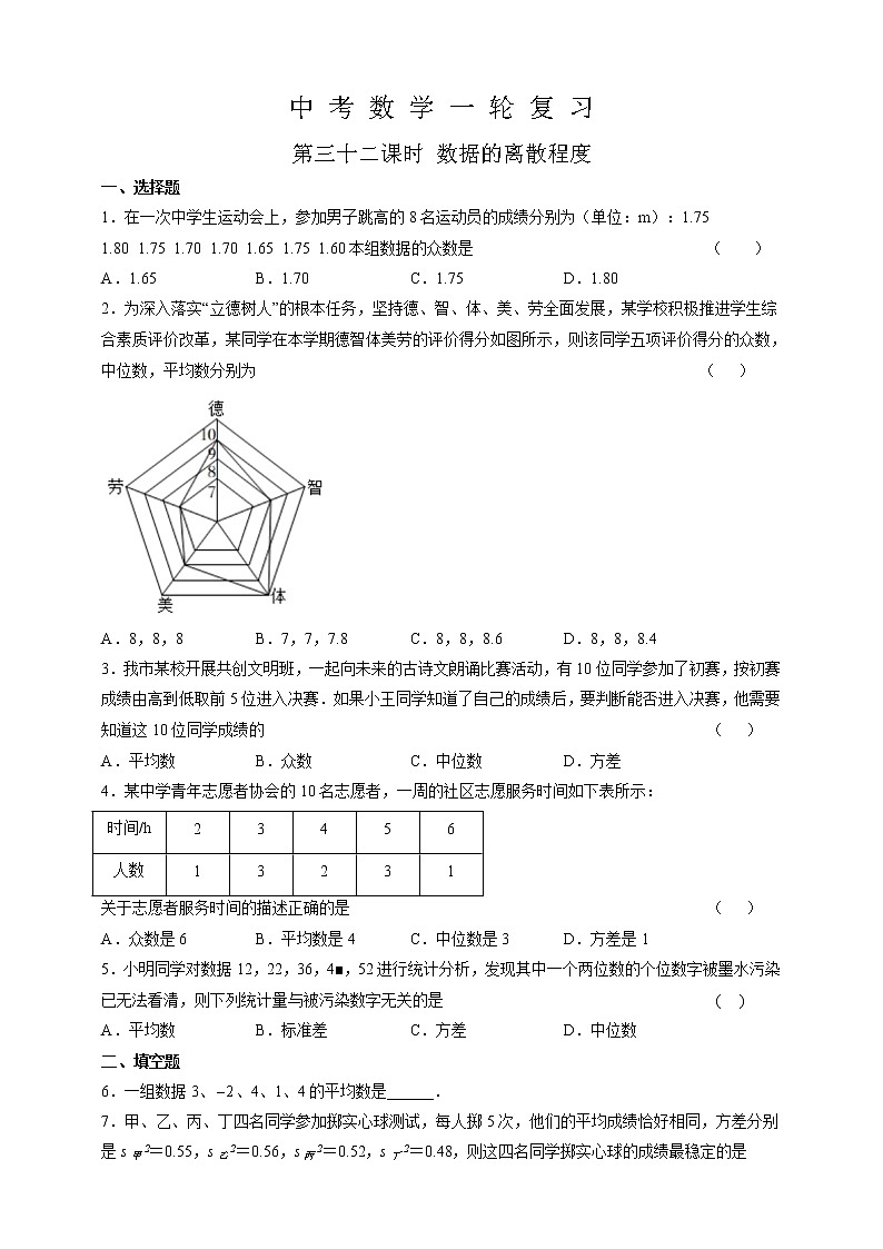 【中考一轮复习】2023年中考数学复习训练——第31讲 数据的集中趋势（含解析）第1页