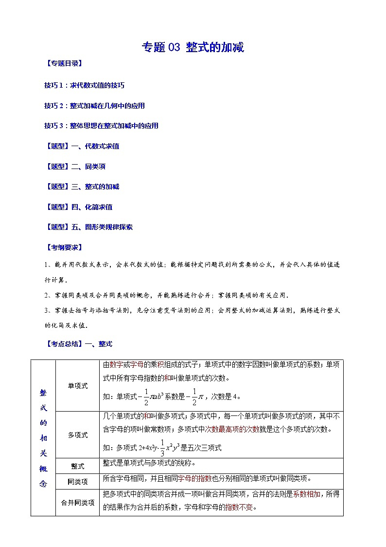 专题03 整式的加减(归纳与讲解)(解析版)第1页