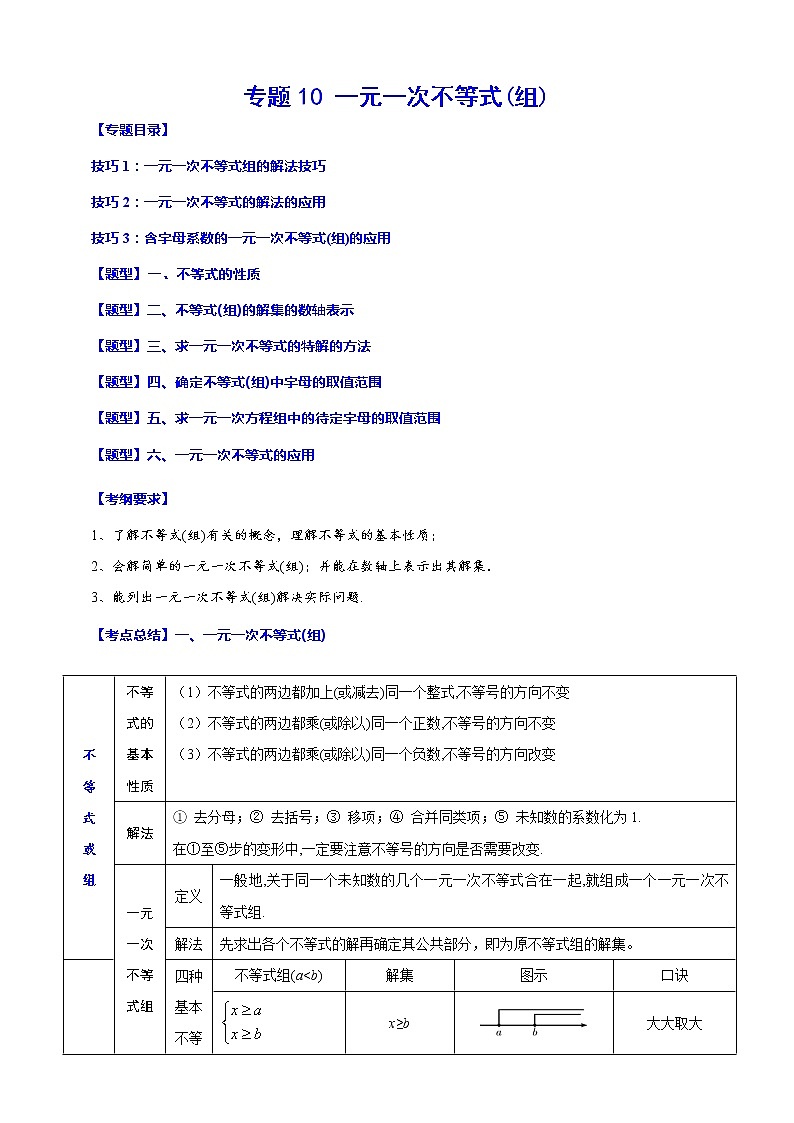专题10 一元一次不等式(组)(归纳与讲解)(解析版)第1页