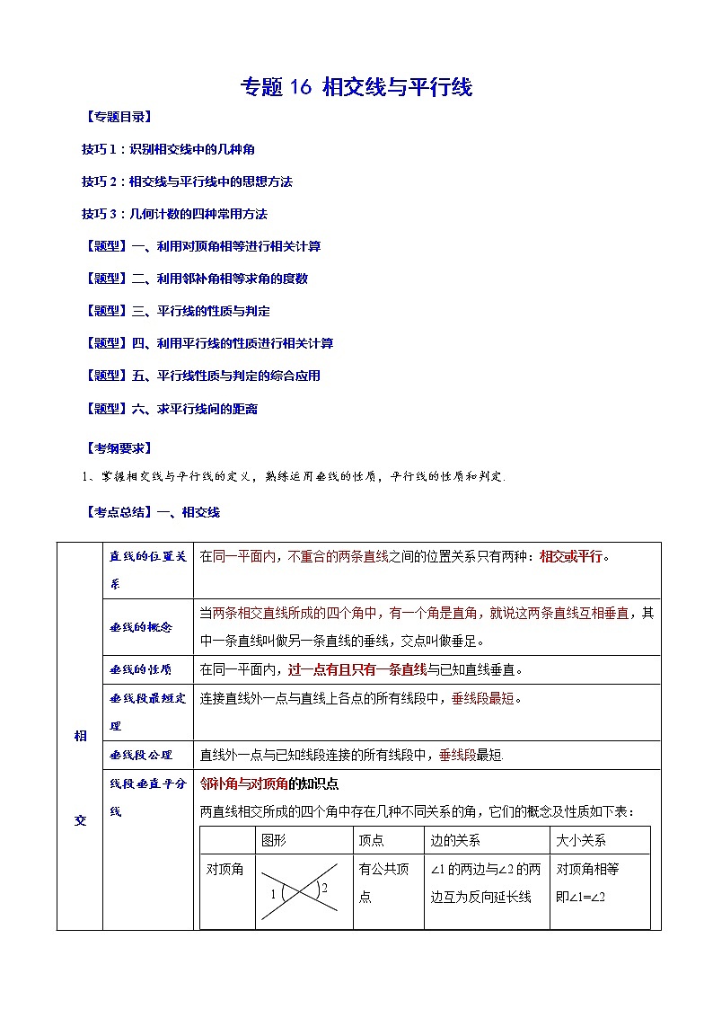 专题16 相交线与平行线(归纳与讲解)(解析版)第1页