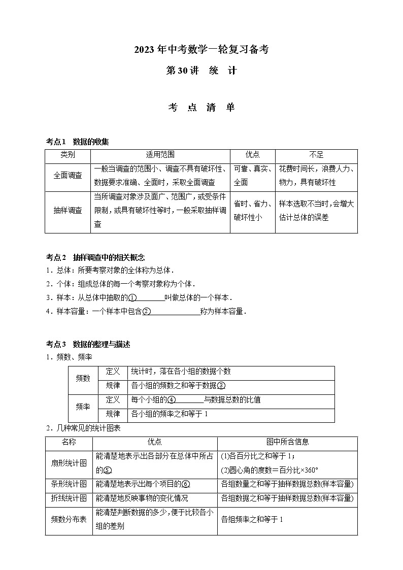 【中考一轮复习】2023年中考数学通用版考点梳理+练习——第30讲 统  计（含答案）第1页