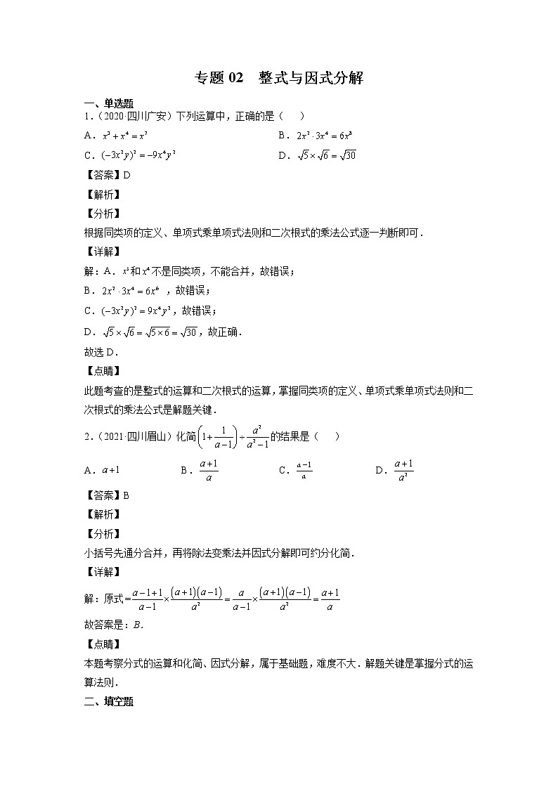 2023年中考数学复习专项专练专题02 整式与因式分解及答案(四川版)第1页