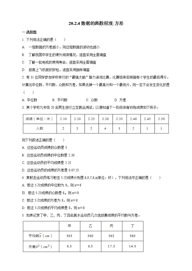 20.2.4数据的离散程度-方差　同步练习第1页