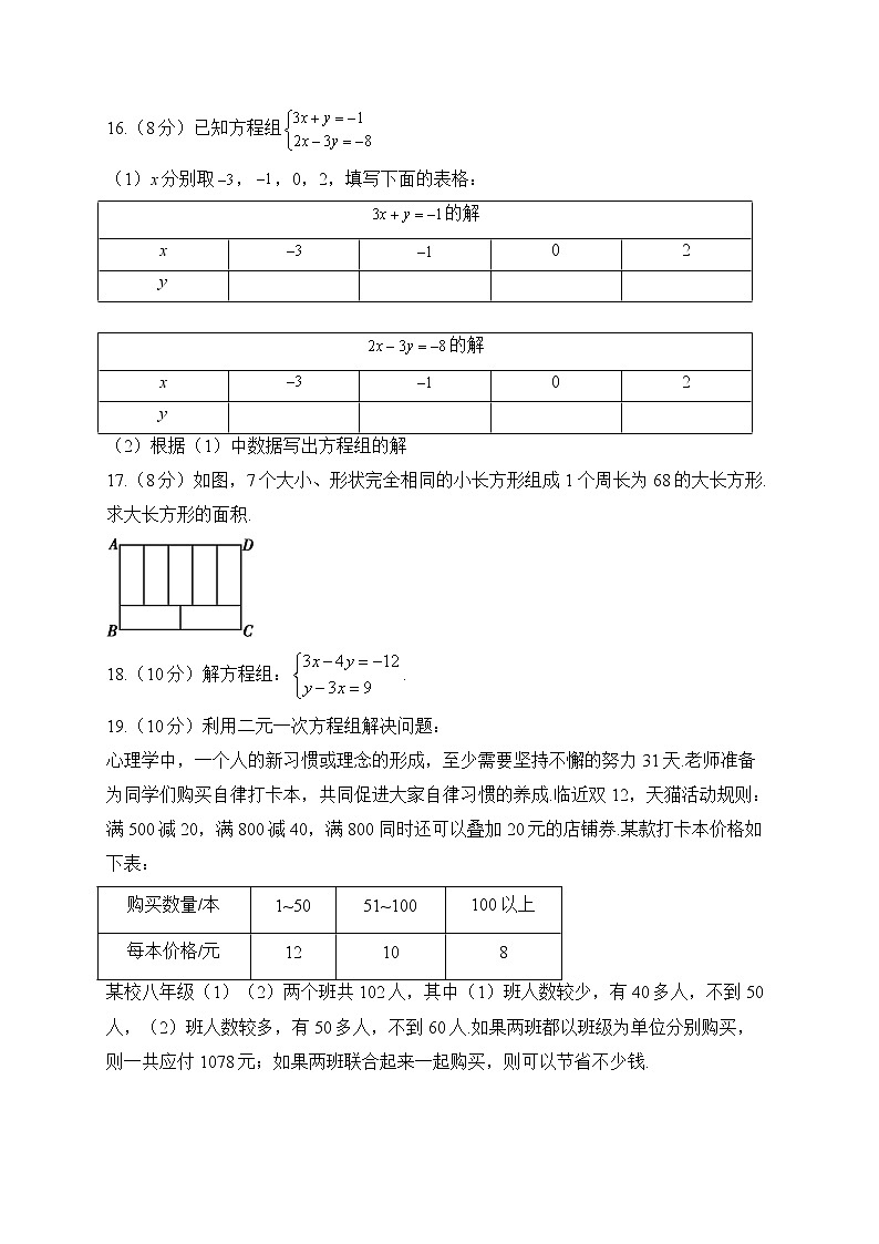 人教版数学七年级下册单元检测 第八章 二元一次方程组（测基础）03