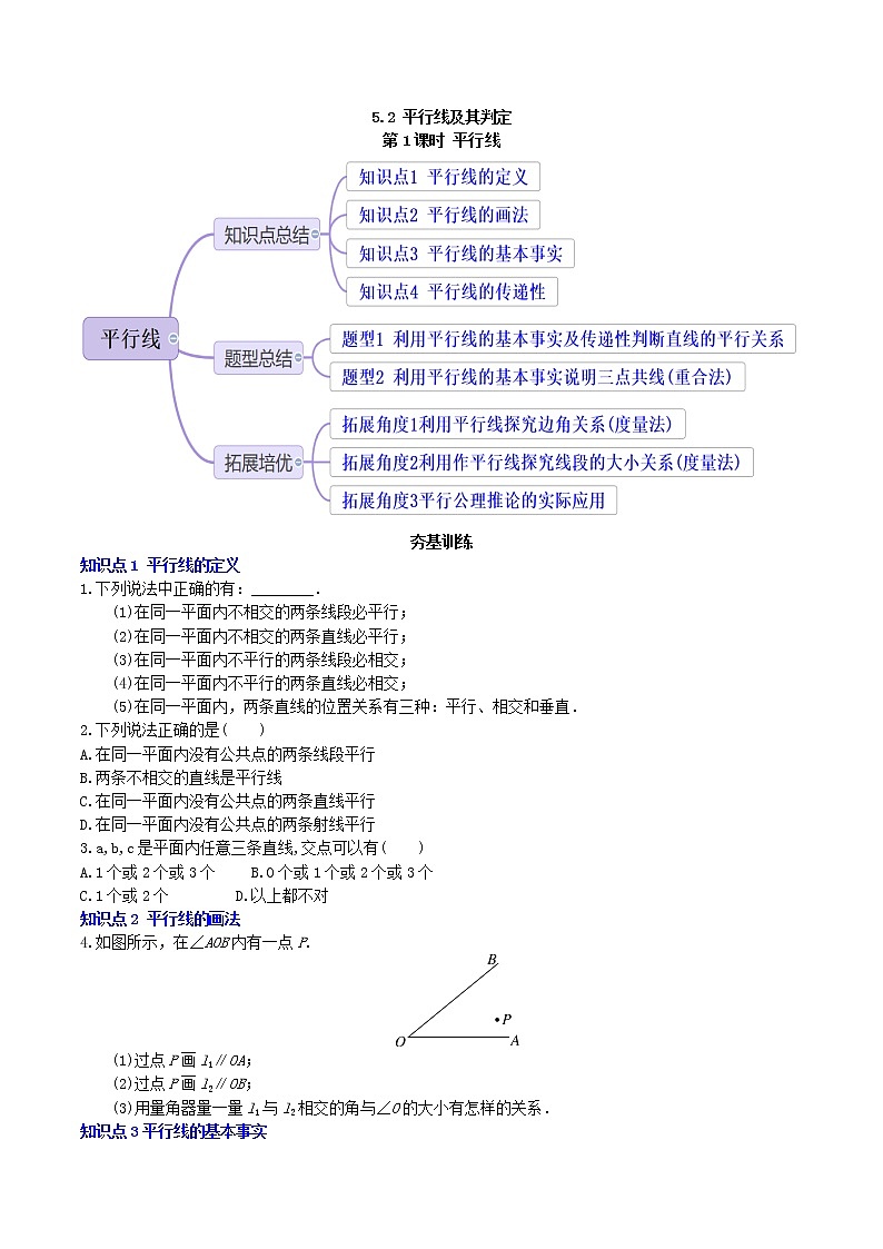 5.2.1 平行线（导学案+作业）-2022-2023学年七年级数学下册同步精品作业（人教版）01