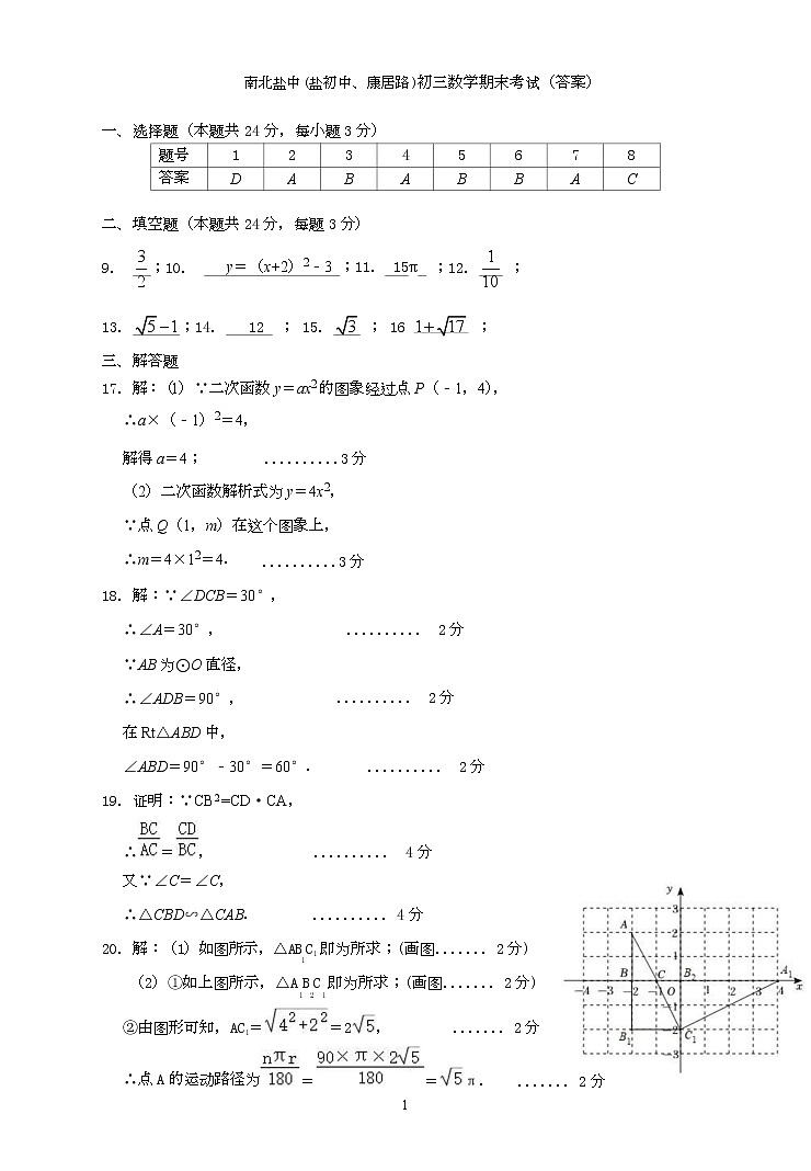 江苏省盐城市初级中学（南北校区）2022-2023学年九年级上学期数学期末答案第1页