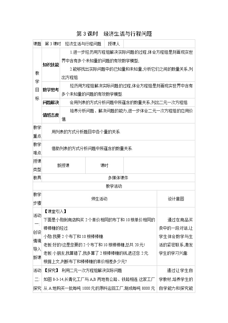 人教版七年级数学下册教案 8.3   第3课时　经济生活与行程问题01