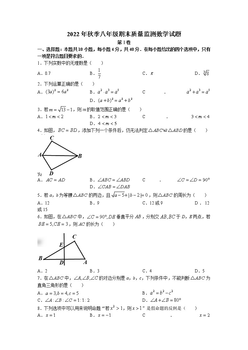 福建省泉州市安溪县2022—2023学年八年级上学期期末质量监测数学试卷01