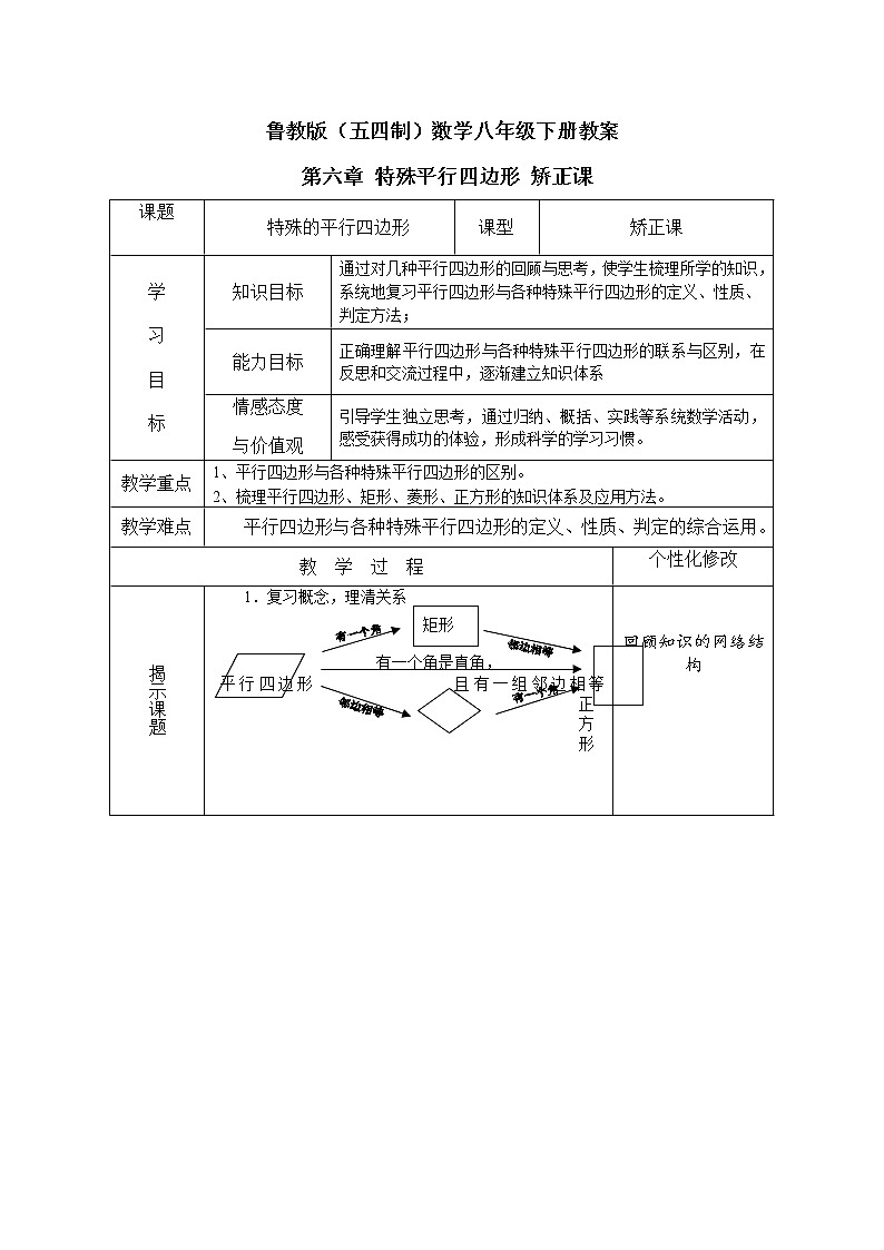 鲁教版（五四制）数学八年级下册教案 第六章 特殊平行四边形 矫正课第1页