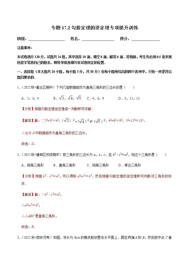 专题17.2勾股定理的逆定理专项提升训练（解析版）【人教版】第1页